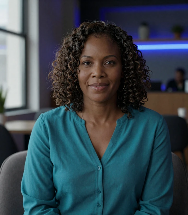 Warm confident woman in a modern lounge representing match quality on a serious relationship dating platform