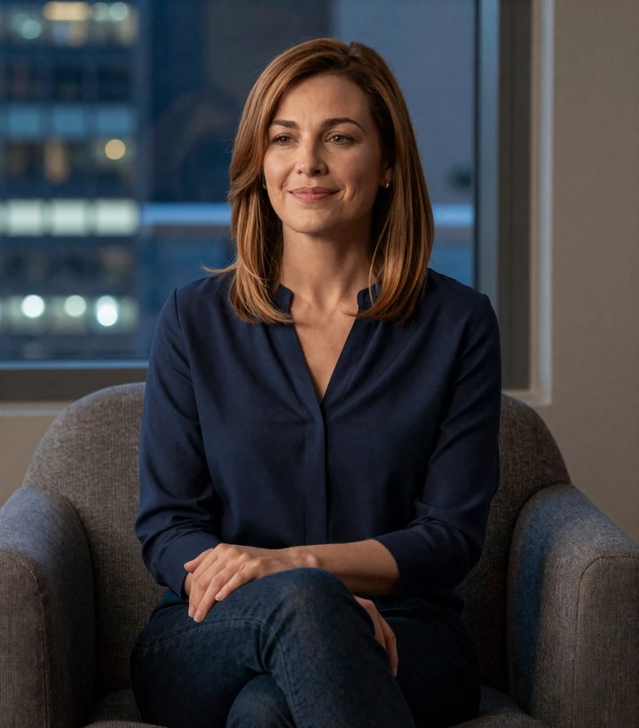 Confident woman in a modern lounge representing genuine women on a mature dating site for serious relationships